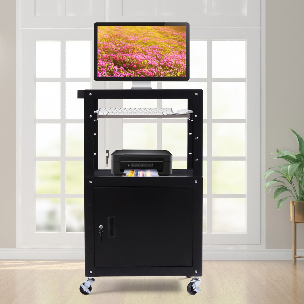 Multifunctional AV Cart with Adjustable Height, Lockable Cabinet & Extra Storage