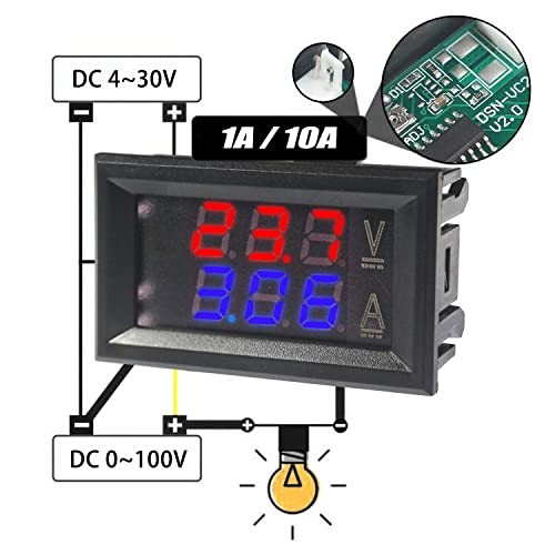 LED Digital Voltmeter Ammeter, Mini DC Digital Multimeter 100V 10A, Blue Red