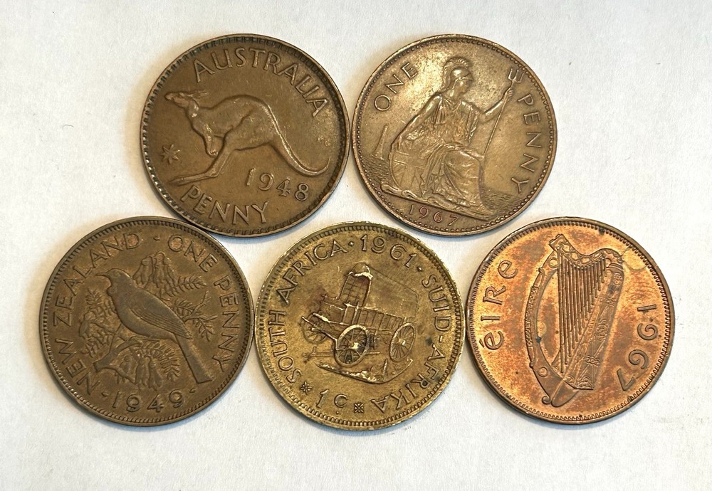 5 Different Large Pennies From 5 Countries