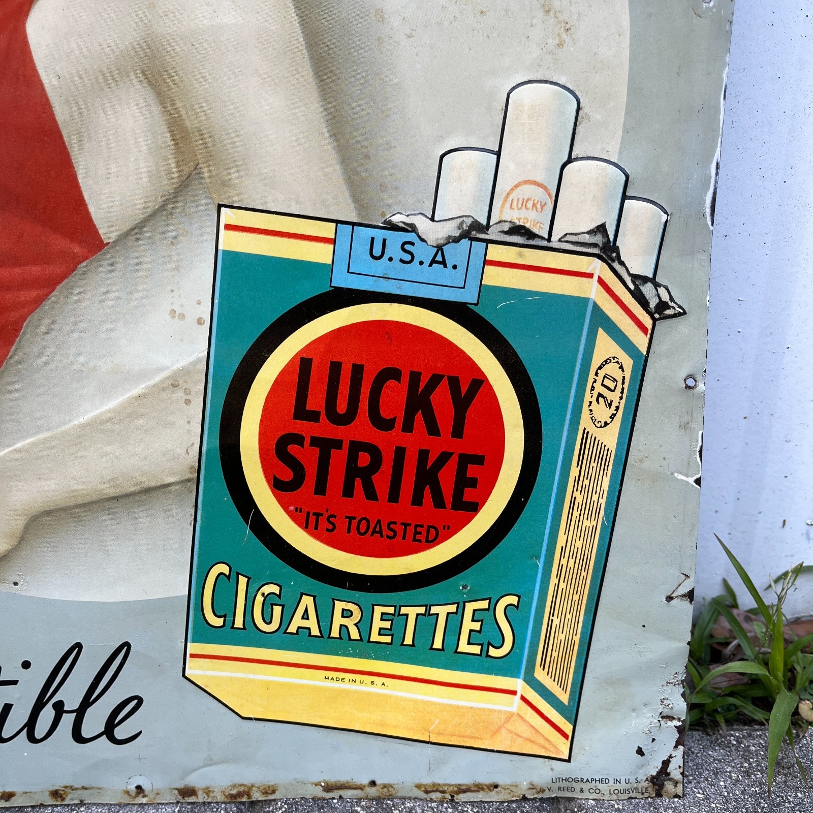 RARE 1940's Lucky Strike Cigarettes Pin Up Embossed Tin Tacker Metal Sign