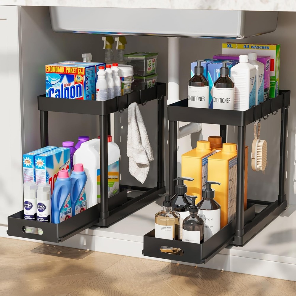 Space-Optimizing 2-Pack Under Sink Organizers with Smooth Dual-Pull Design