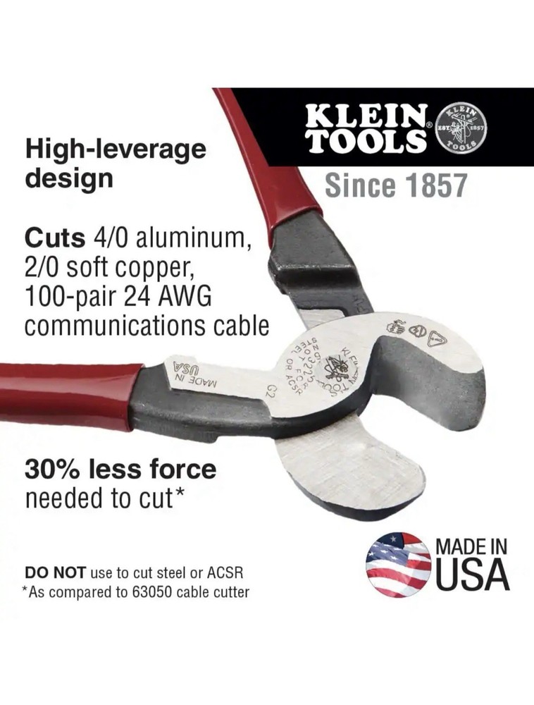 Klein Tools 63225R 9" High Leverage Cable Cutter NEW