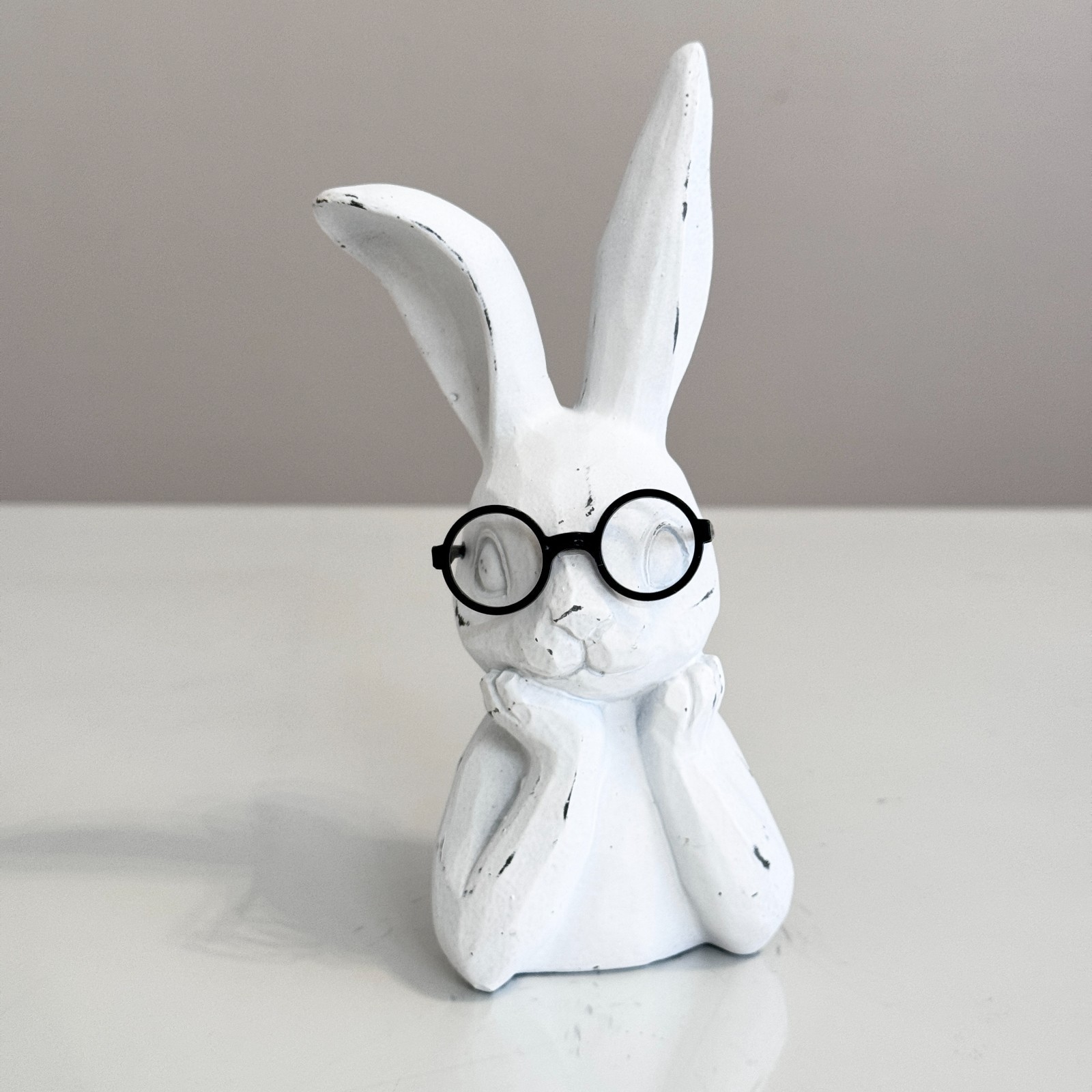 White Rabbit Bunny Bust with Glasses Handmade Carved Figurine Easter Decor 7''