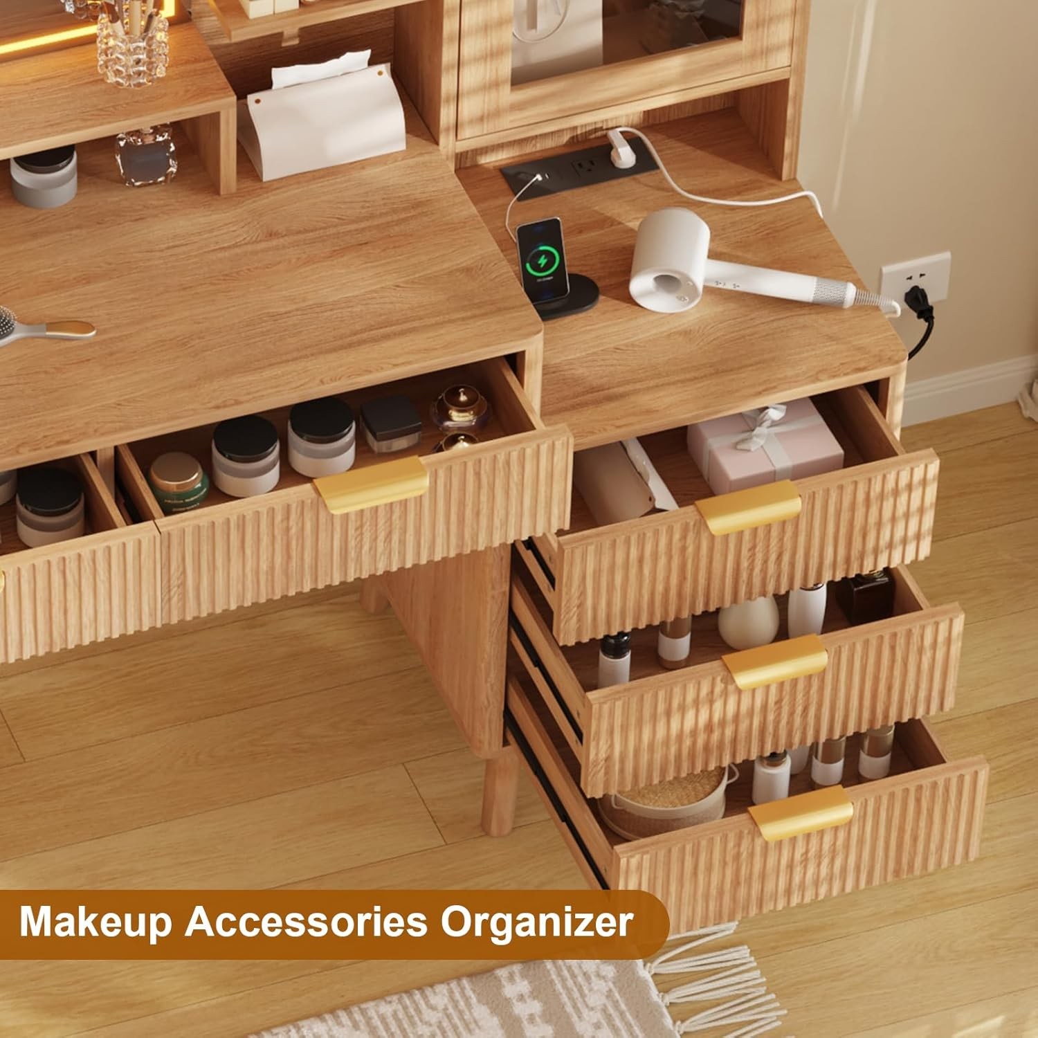 Vanity Desk with Lighted Mirror & USB,Fluted Makeup Table with 5 Drawers Storage