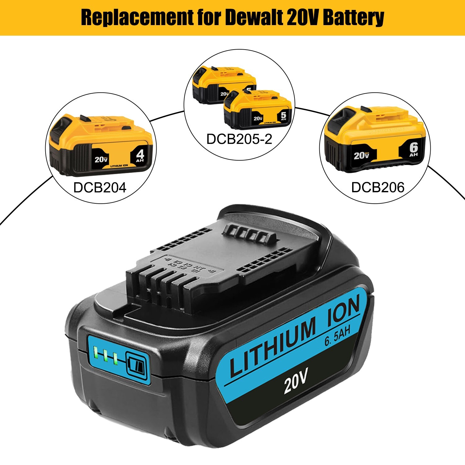 2Pack 6.5AH Battery Replacement For DeWalt 20V Max Lithium ion 20 Volt DCB206