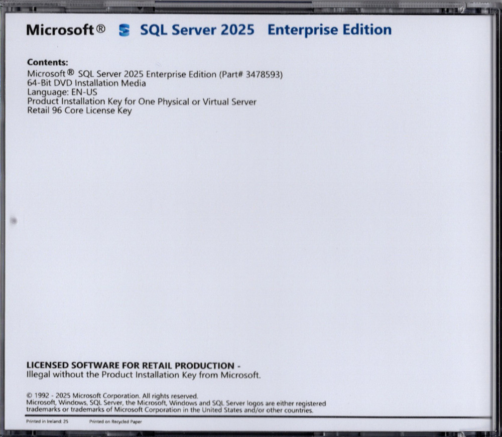 Microsoft SQL Server 2025 Enterprise with 96 Core License, unlimited User CALs