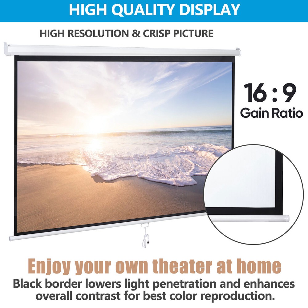 100" Diagonal Projection 16:9 Projector Screen HD Manual Pull Down Home Theater