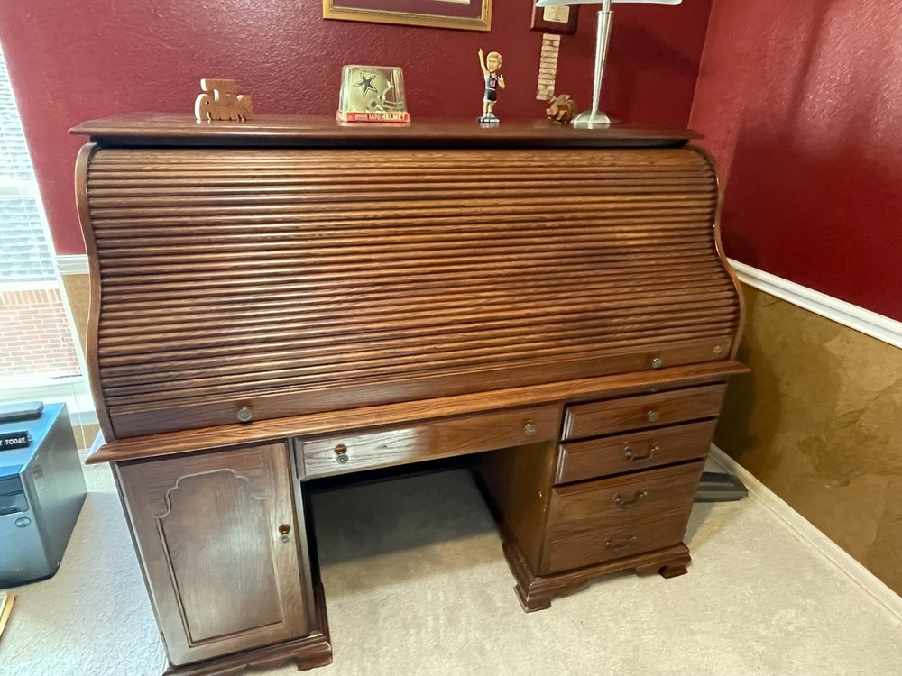 Riverside Oak Roll Top Desk with computer compartment.