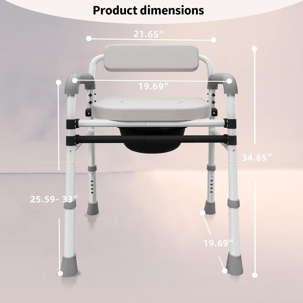 Adjustable Medical Bedside Commode Chair with Padded Backrest, Drop Arm Support