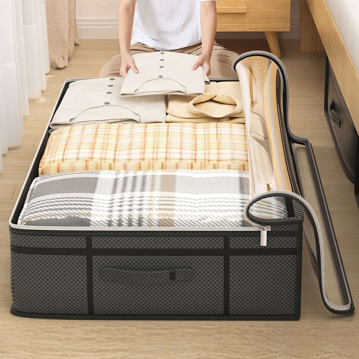 Large Capacity Zippered Under Bed Storage Bag Non-woven Underbed Clothes Storage