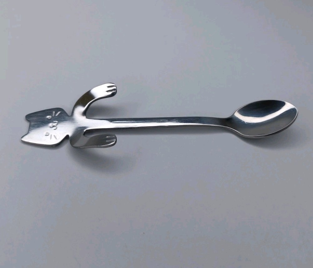 Silver Tone Kitty Cat Spoon Tea Cup Hugging Hugs Your Mug
