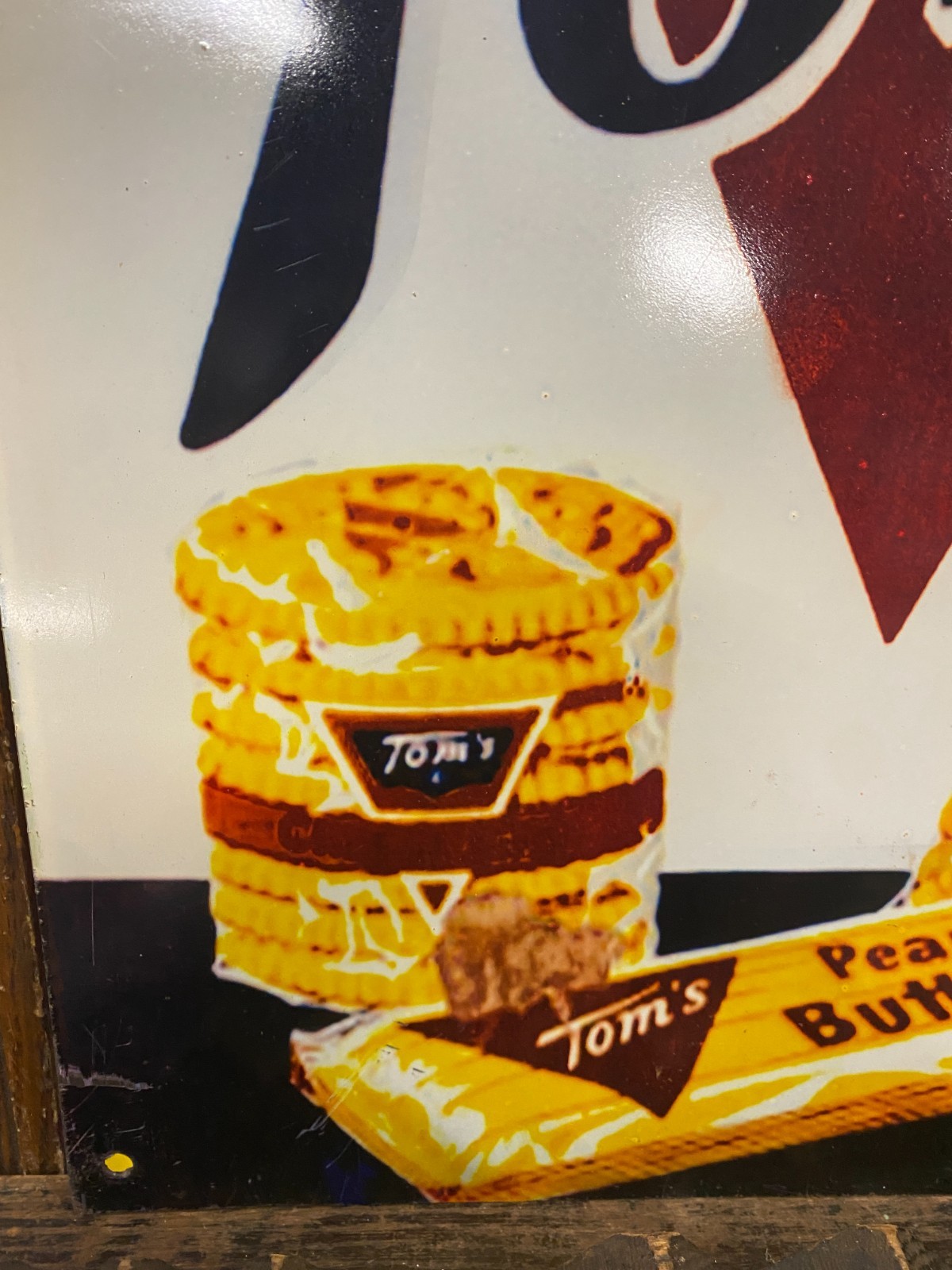 Tom's Snacks Metal Sign 13 3/4" x 21 3/4" GAS OIL COLA SODA TIME OUT FOR TOM'S