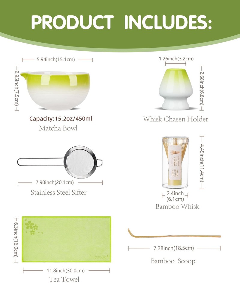 ZENS Matcha Whisk Set, 6pcs Matcha Kit Includes Ceramic Bowl, Handcrafted Bam...