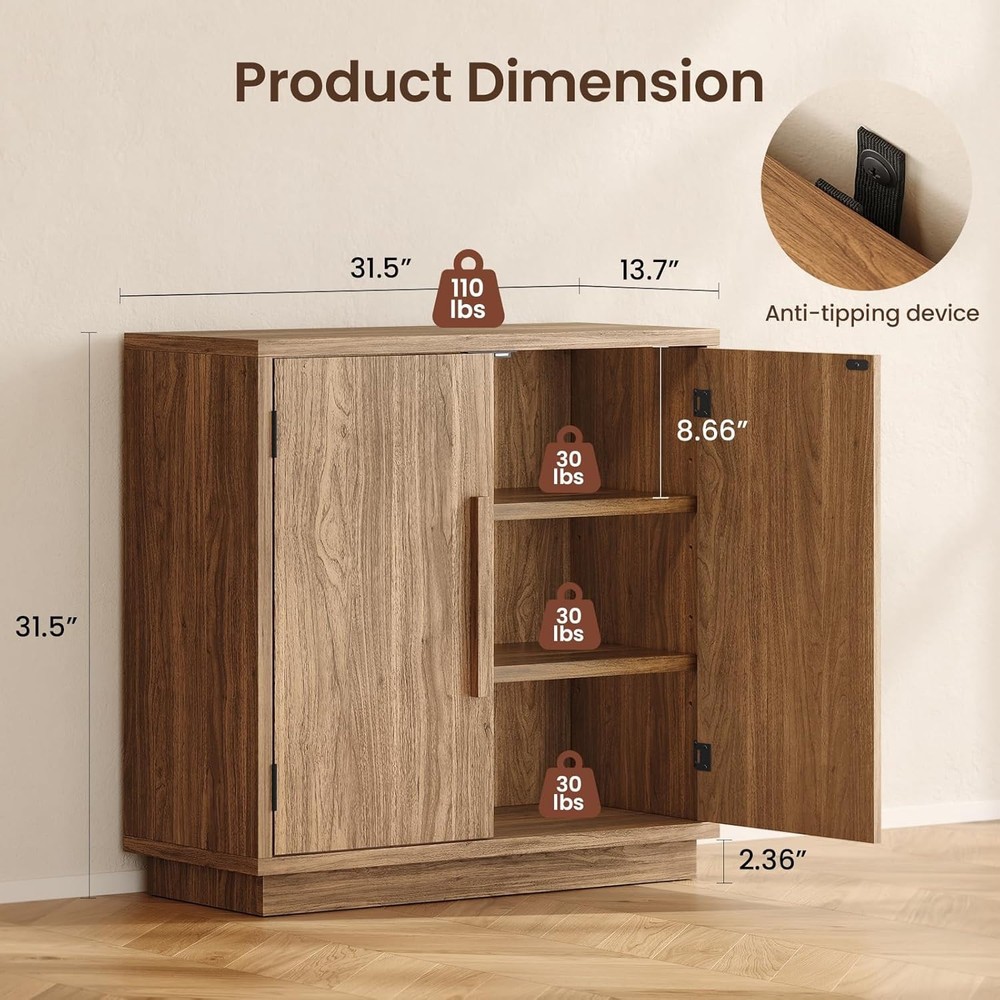 31.5'' Wood Sideboard Cabinet, Small Sideboard Buffet with Adjustable Shelf, Mod