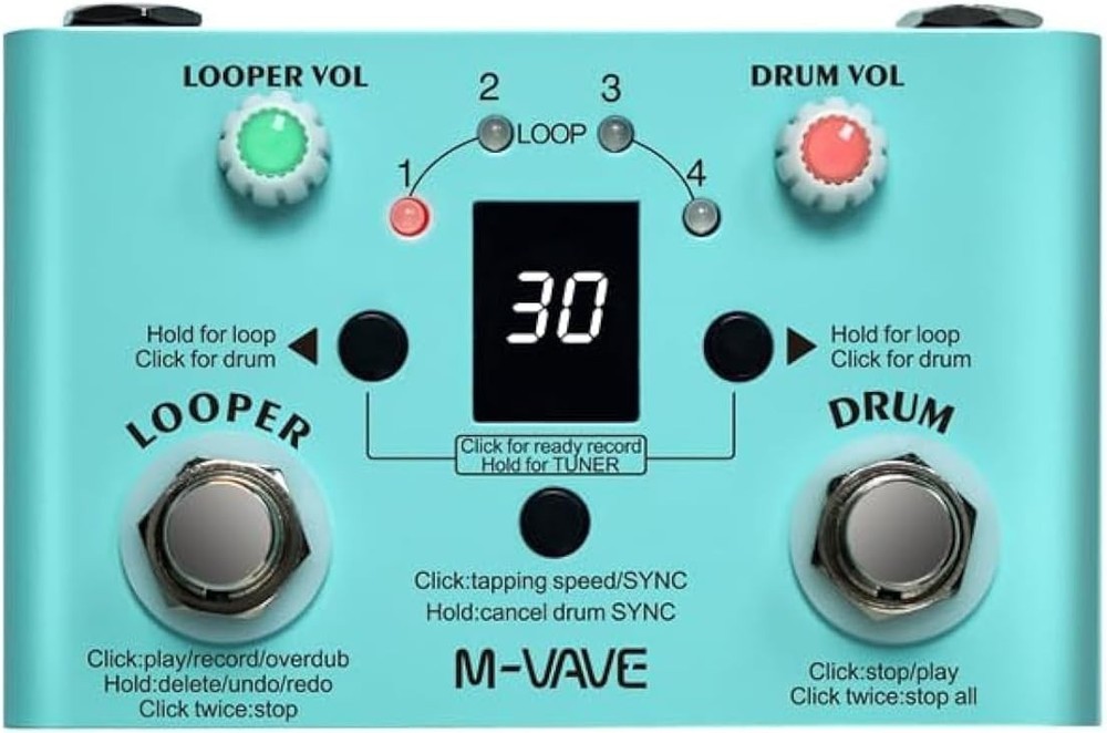Looper Pedal Drum Machine with Tuner 11-Minute Loop, 30 Preset Drum Patterns,...