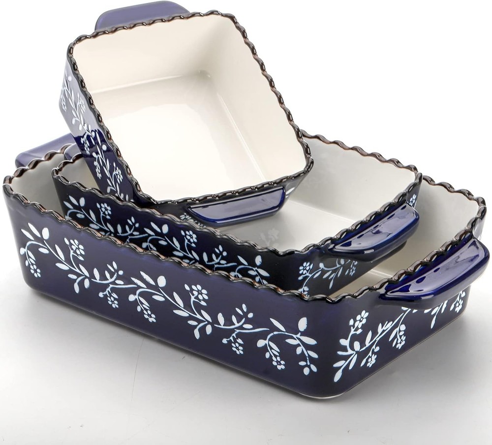 AVLA 3 Pack Ceramic Bakeware Set Porcelain Rectangular Baking Cobalt Blue