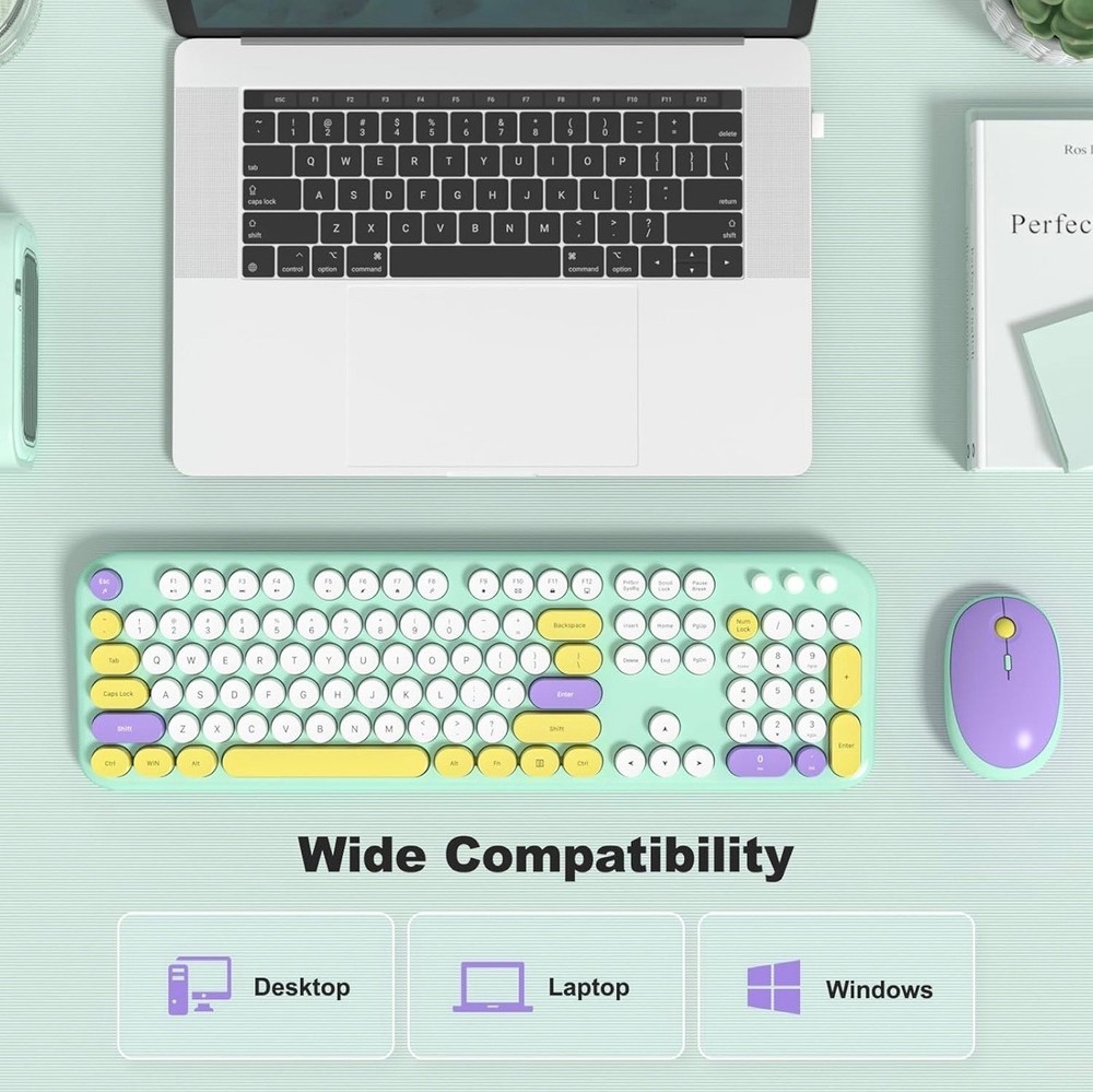 Wireless Keyboard and Mouse Combo, Cute Keyboard Full Size and Wireless Mouse.