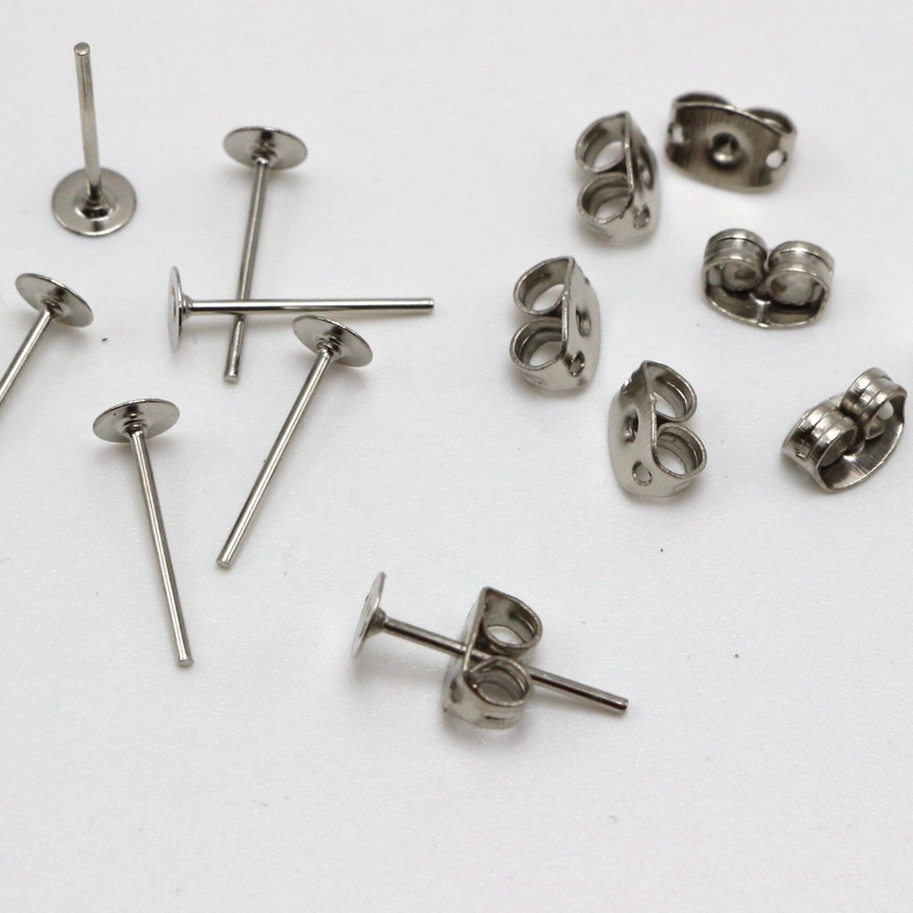 200pcs Silver Tone 4mm Flat Blank Pad Earring Ear Post Stud with Stopper Finding