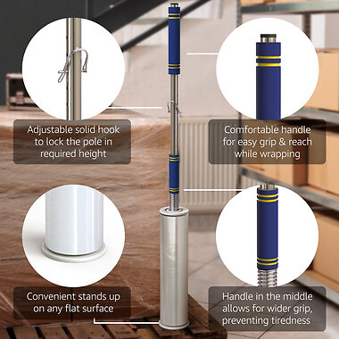 Stretch Film Dispenser Pole Holder for 2-3 Inch Rolls, 12-24 Inch Lengths