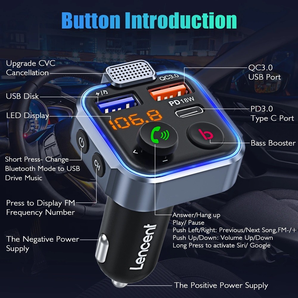 Bluetooth 5.0 Car Wireless FM Transmitter Adapter 2USB PD20W Charger Hands-Free