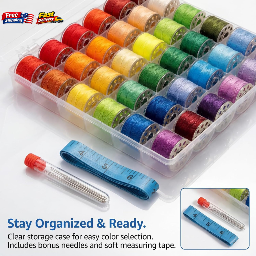 72PCS Sewing Thread Kit 36 Colors 400 Yards Polyester Thread Prewound Bobbin Set