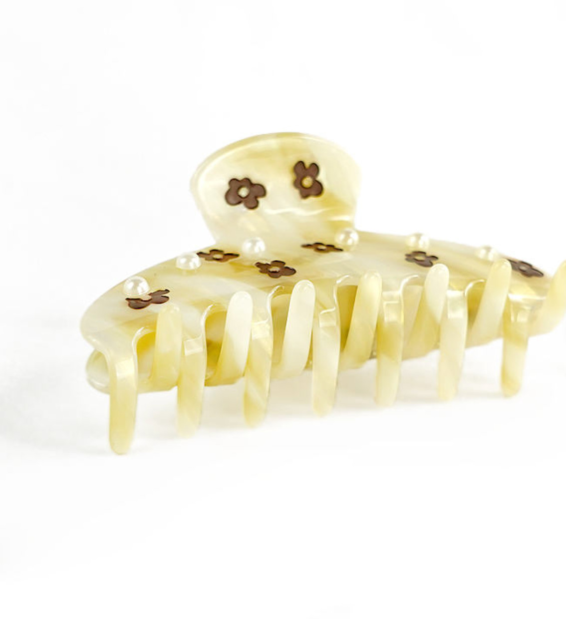 Yellow Half Moon Brown Flower Hair Claw Stick Pearl Elegant Acetate Hair Clip