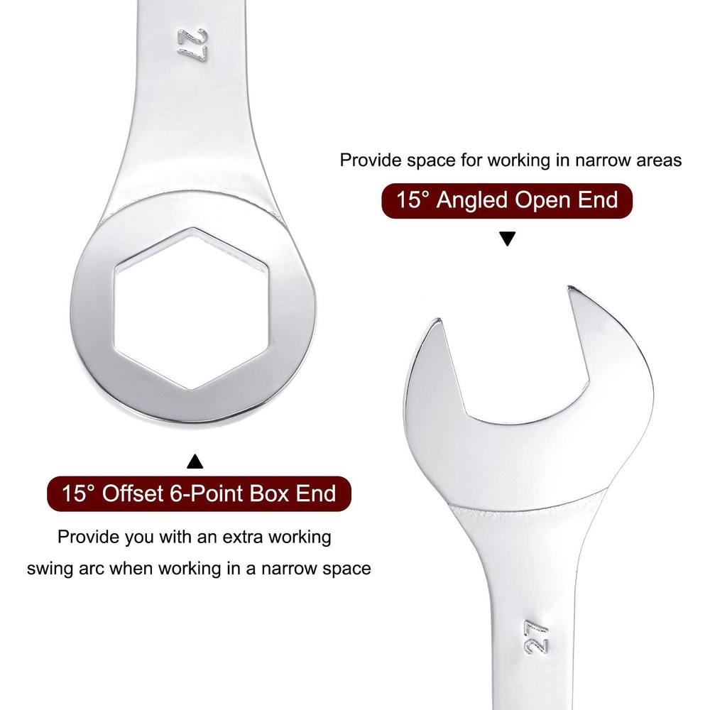 Thin Combination Wrench with Offset 6-Point End Angled Open End 27mm