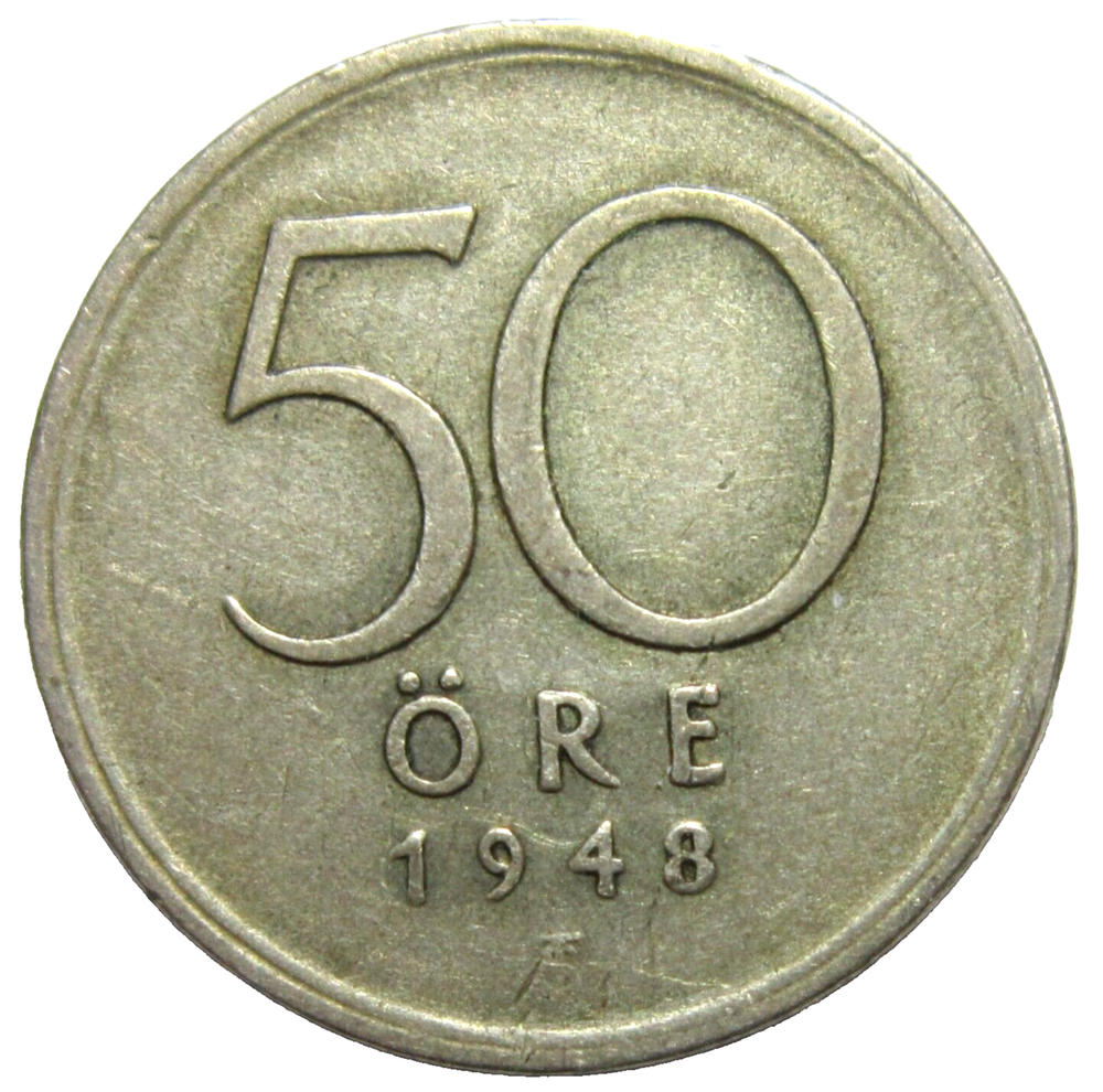 SWEDEN. SILVER 50 ORE, 1948 ST. KING GUSTAF V.