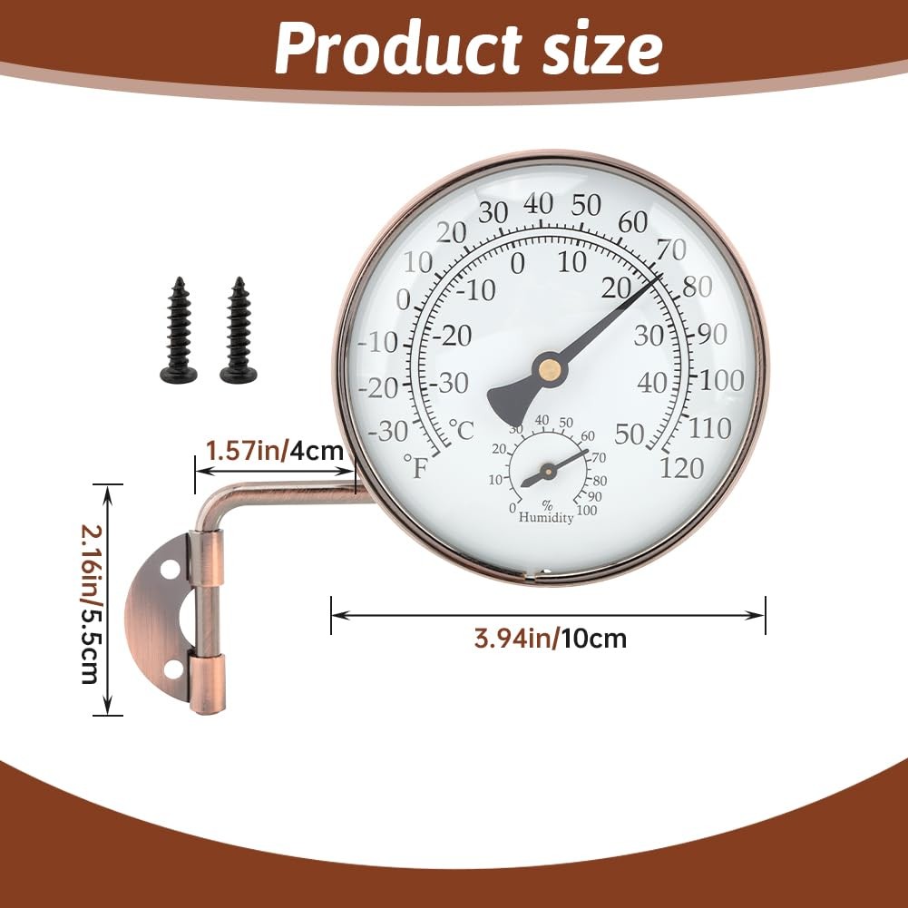 4" Brass Outdoor Thermometer, Outside Decorative Weather Thermometer Hygrometer,