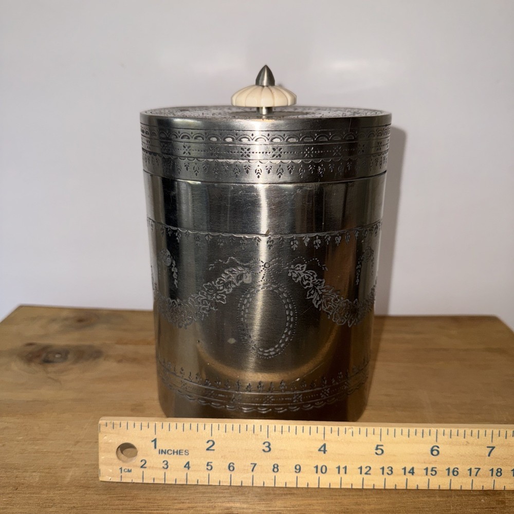 Vintage Silverplate Engraved Tea Caddy Biscuit Barrel Oval 7.5"