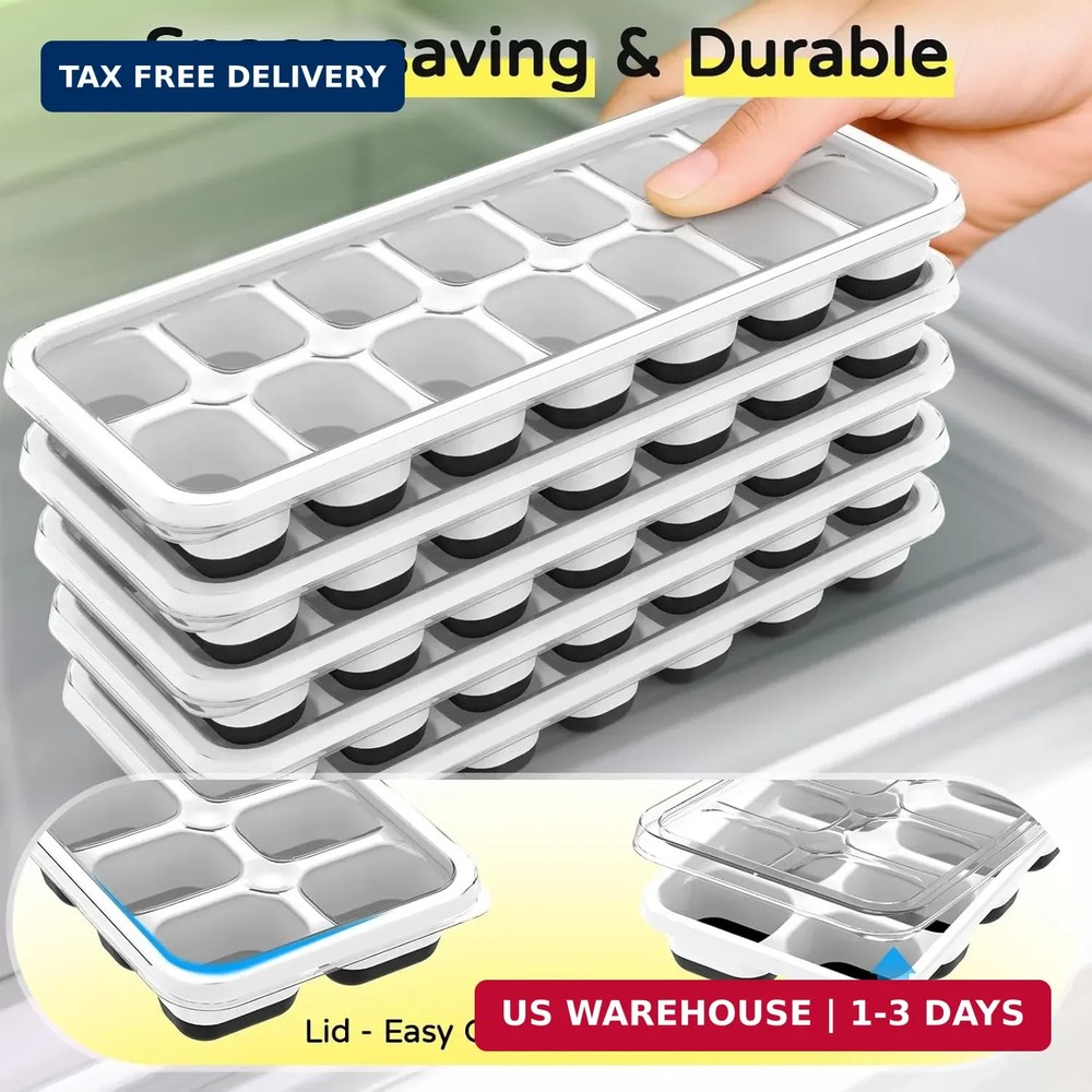 Ice Cube Tray 5 Pack, Stackable Silicone Ice Cube Trays with Lid- Easy Release R
