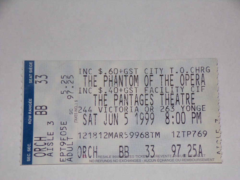 KISS Ticket Stub PAUL STANLEY Phantom Of The Opera 1999 Pantages Canada Vintage