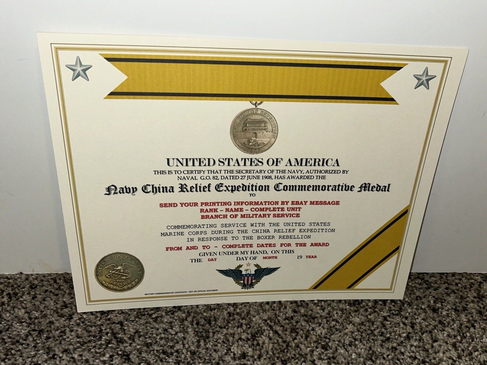 NAVY CHINA RELIEF EXPEDITION COMMEMORATIVE MEDAL CERTIFICATE ~ W/PRINTING TYPE-1