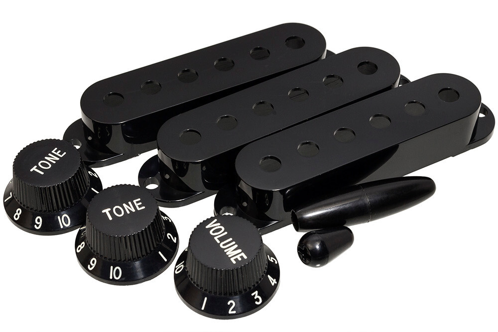 Black Accessory Kit for Stratocaster Pickup Covers Knobs Tips fits Fender