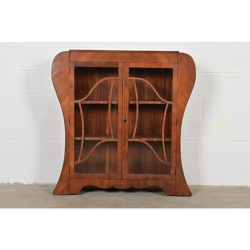 Antique Art Deco Carved Walnut Bookcase or Display Cabinet, Circa 1920s