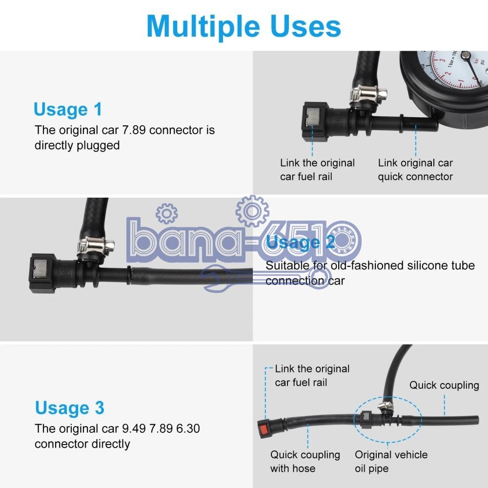 Fuel Injection Pressure Tester Injector Pump Gauge Kit with 3 Connectors 100 PSI