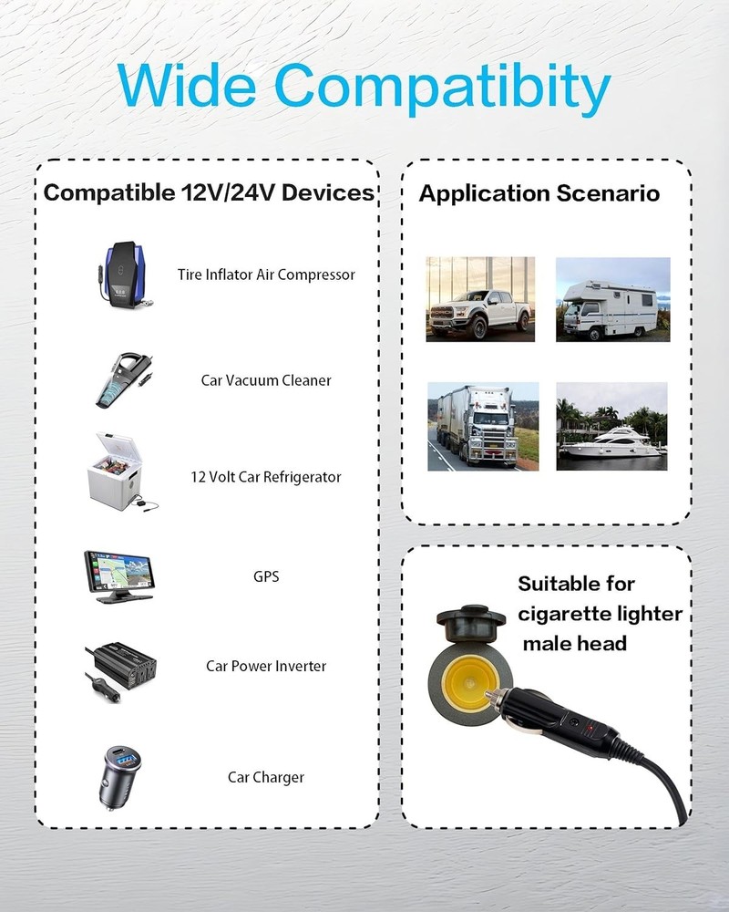 Durable 3FT Fixed Thread 12V Socket Extension with Built-in Safety Fuse