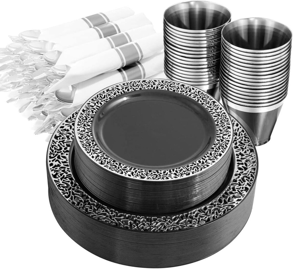 210PCS Silver Plate, Disposable with Plastic Silverware and Silver Cups