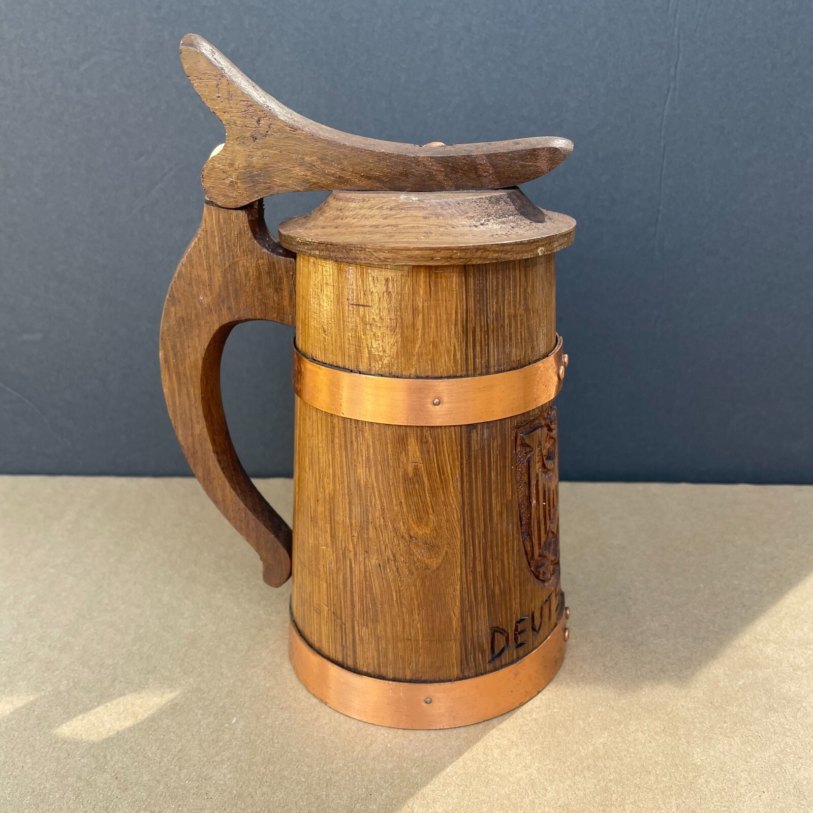 Vintage "Deutschland" Germany Eagle Carved Wooden Wood Barrel Tankard