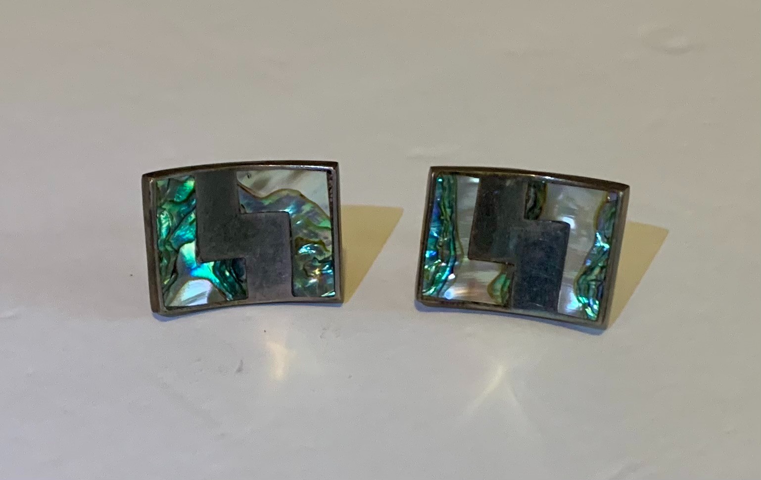 Vintage Sterling Silver Cufflinks Abalone Inlay 1" x 3/4" - Made in Mexico