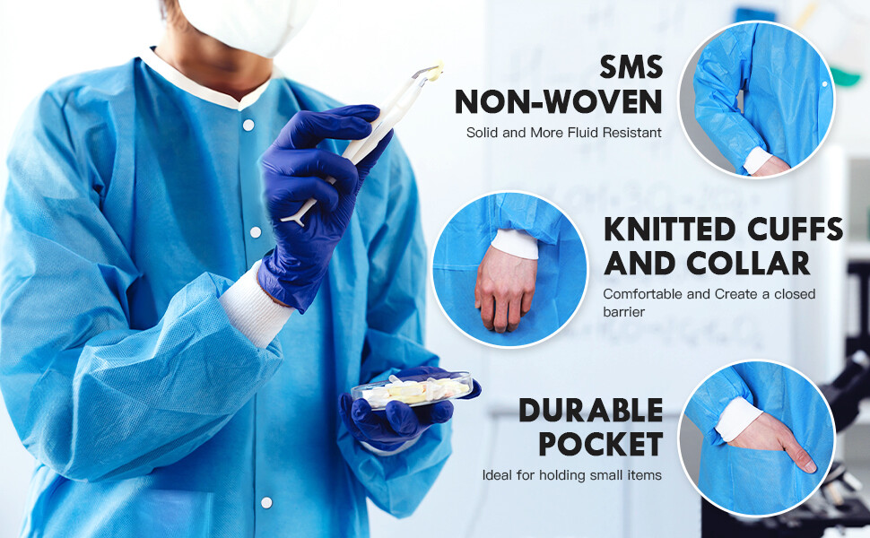 Pack of 10 Disposable Lab Coat Blue SMS with Pockets Adult Knitted Collar Cuffs