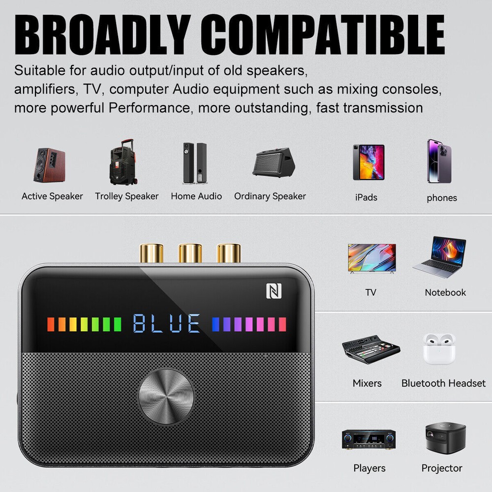 Bluetooth 5.3 Receiver Transmitter Wireless 3.5mm AUX NFC to 2 RCA Audio Adapter
