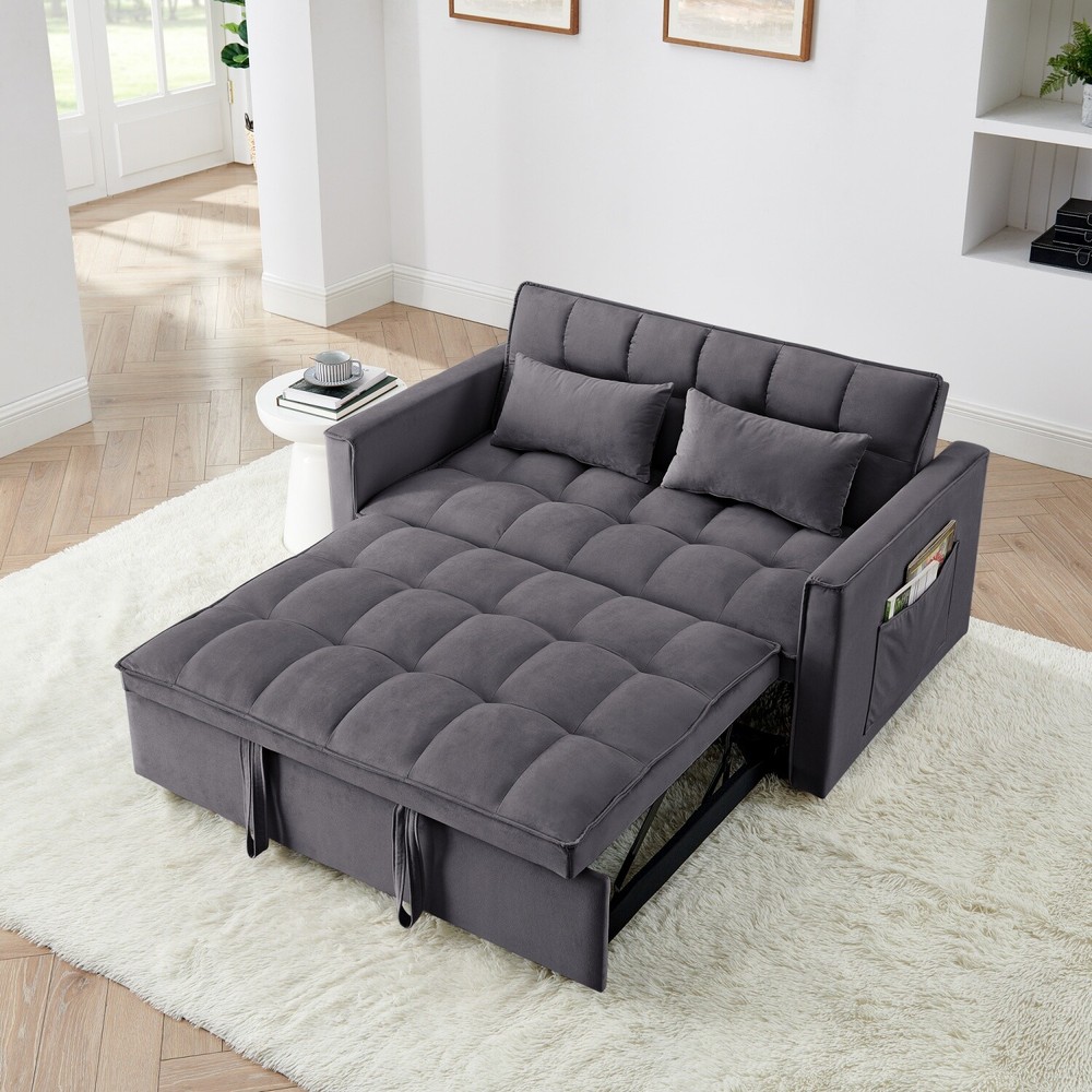 Convertible Sleeper Sofa Bed Loveseat 2 Seater Sofa w/ Pull Out Bed & 2 Pillows