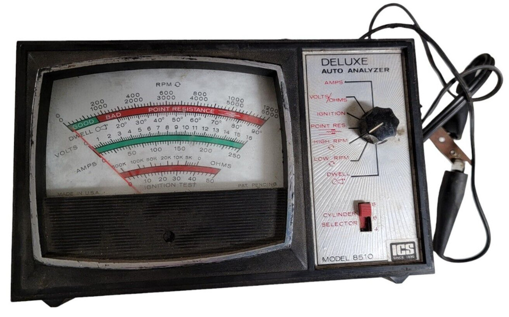 Vintage ICS DELUXE AUTO ENGINE ANALYZER w/ Timing Light, Cables, Instructions