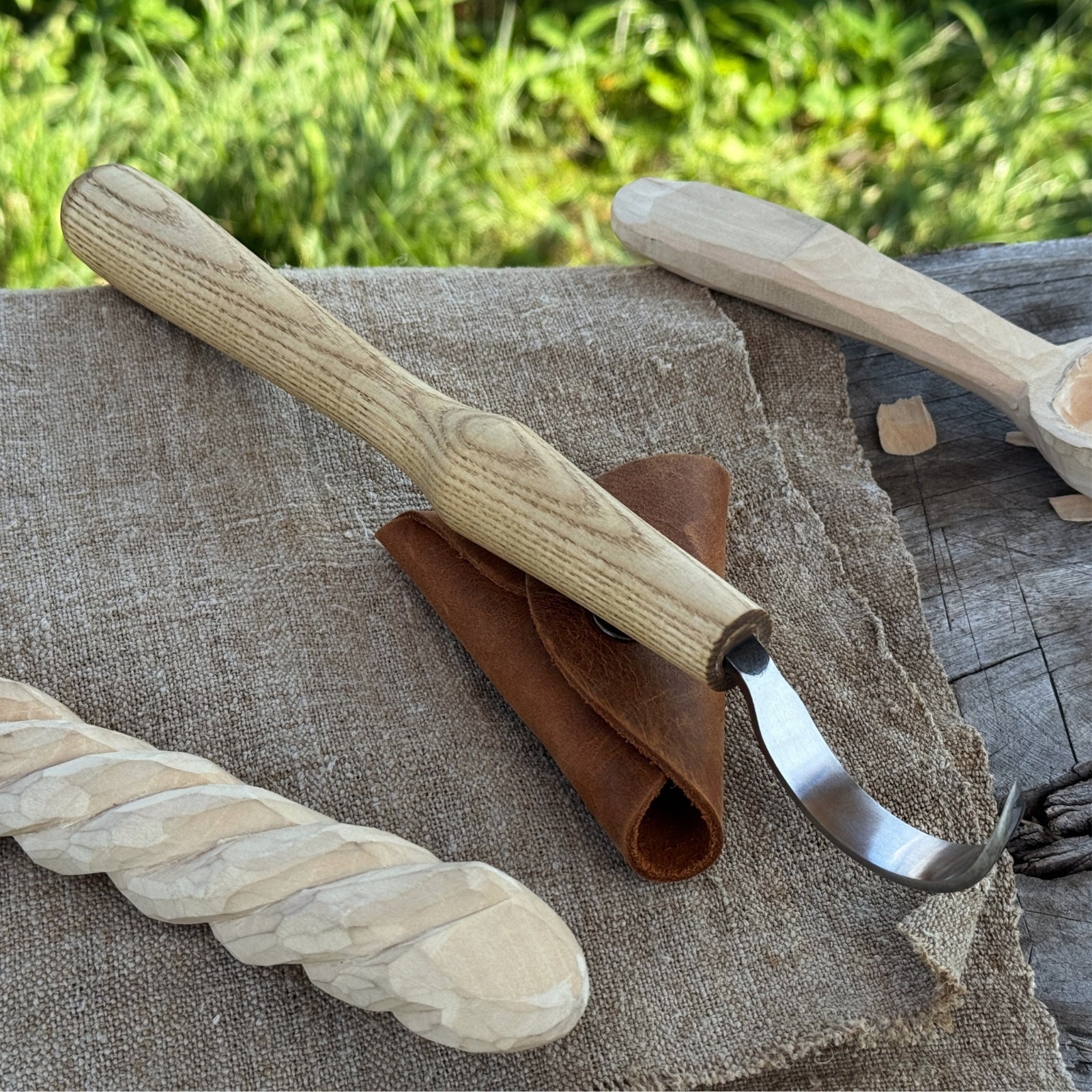 Long Hook Carving Knife 2.36'' Blade For Bowls Spoons Carbon Steel Ash Handle