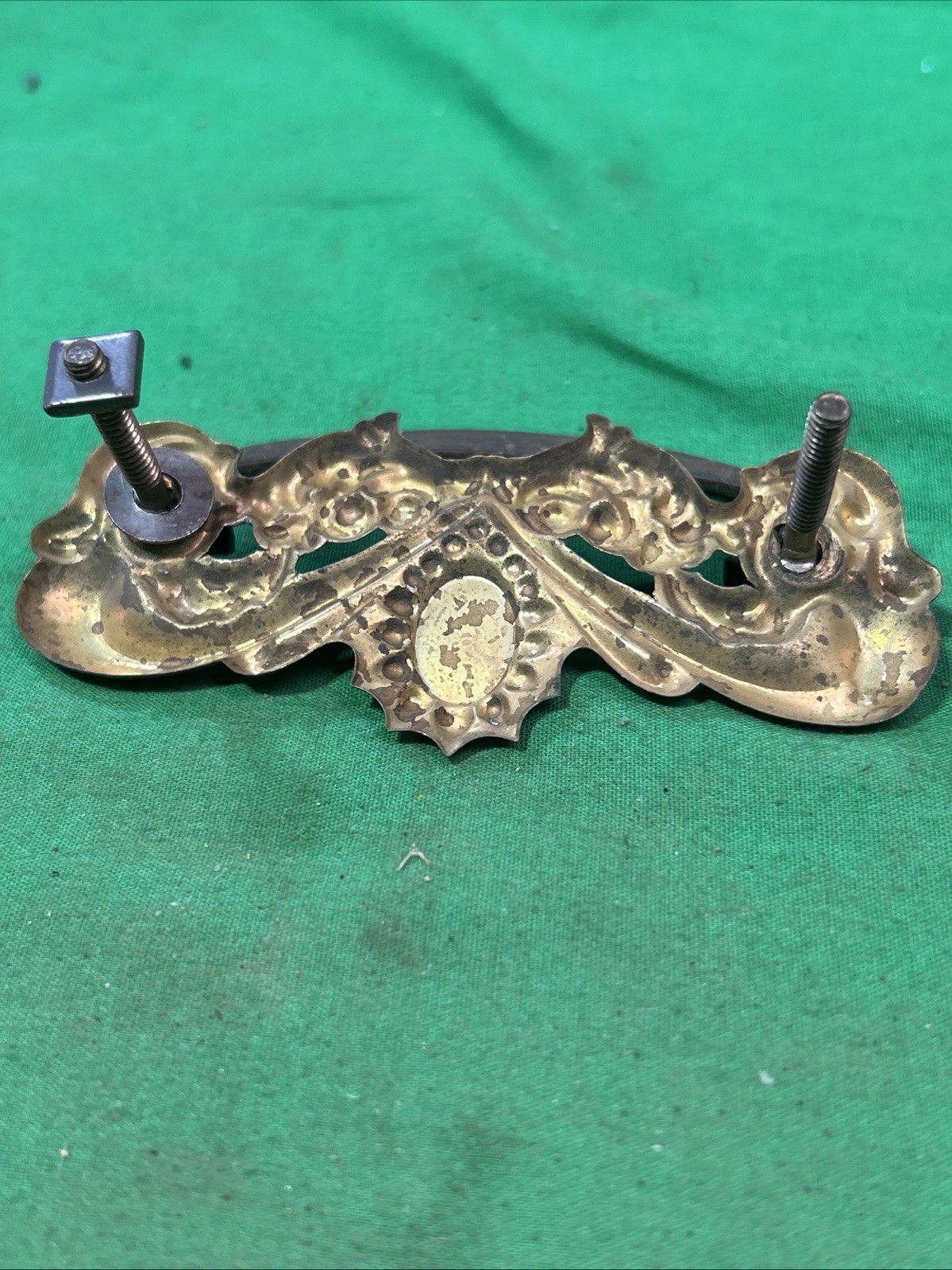 Two ANTIQUE Brass Pressed Drawer Pull Furniture Hardware Circle Metal Bail