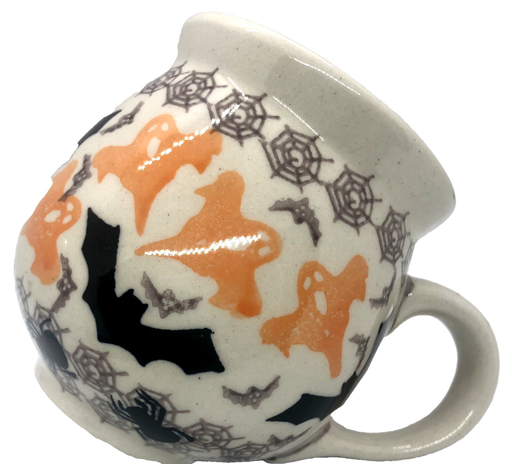 Polish Pottery Medium Bubble Mug Coffee Tea Pattern BOO Ghosts Bats Spiders