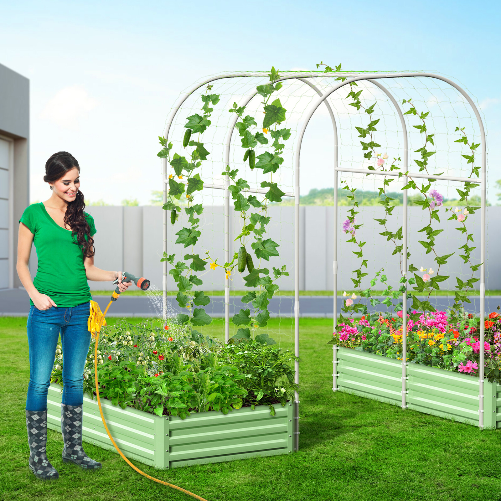 SLSY Galvanized Raised Garden Bed with 85in Tall Garden Trellis for Vegetables