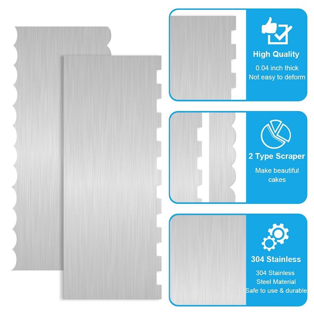 2 Pc Stainless Steel Cake Scraper Cake Decorating Tools Edge Side Jagged Wave...