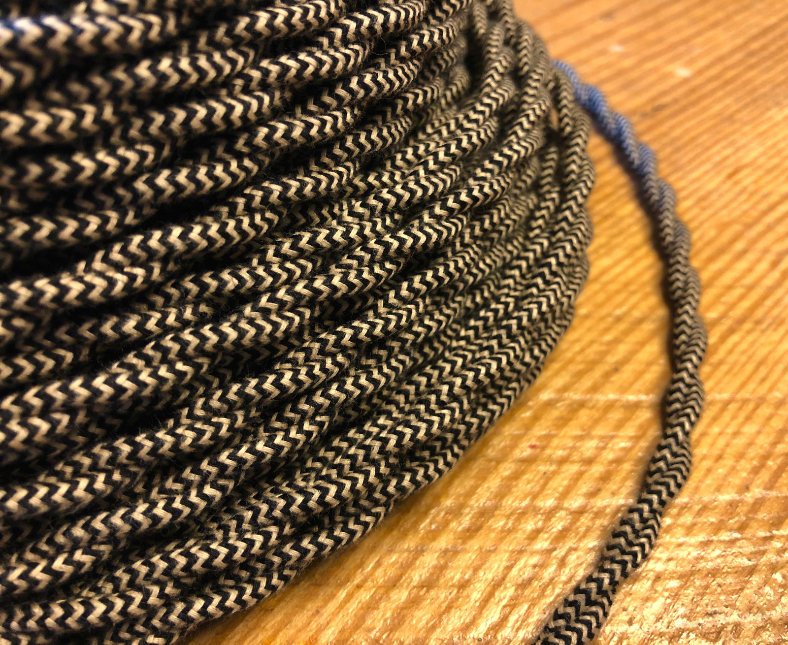 Cloth Covered Twisted Wire - Black/Tan Pattern, Vintage Style Fabric Lamp Cord